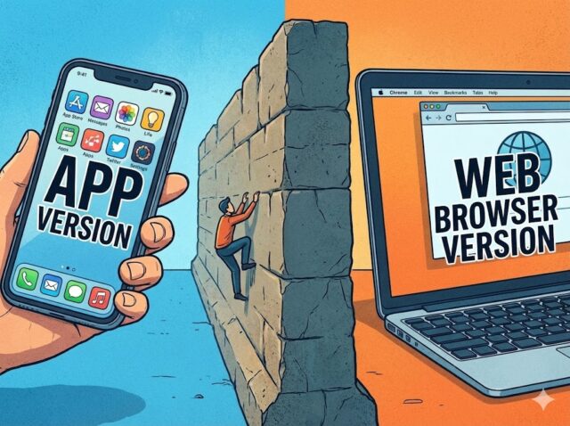 スマホのアプリ版とPCのWebブラウザ版の間にある、越えられない巨大な壁のイラスト